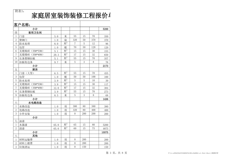 表格模板-装修工程报价表 精品.xls_第3页