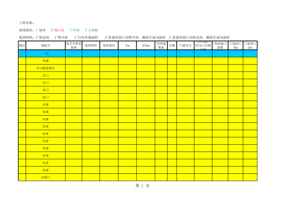 表格模板-土建外墙工程量计算表 精品.xls_第1页