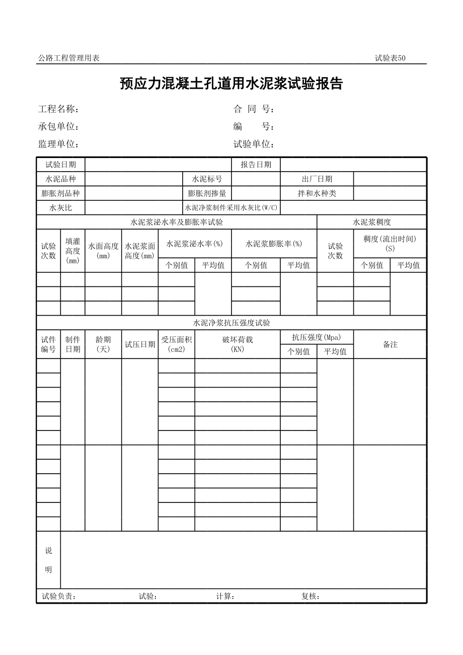 表格模板-公路工程管理用表范本预应力混凝土孔道用水泥浆试验报告 精品.xls_第1页