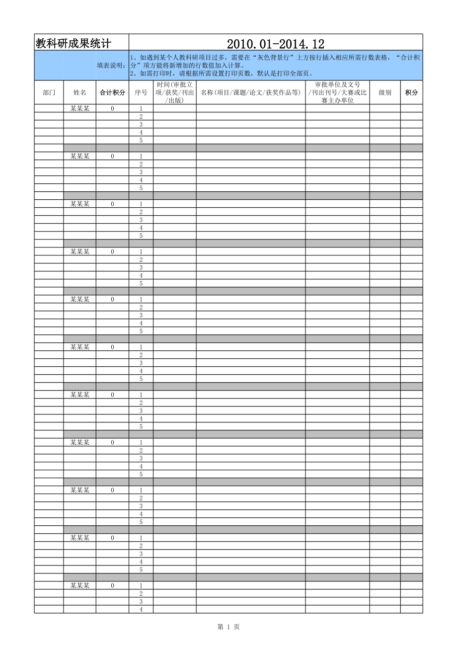 表格模板-近35年科研成果统计积分表模板 精品.xls_第1页