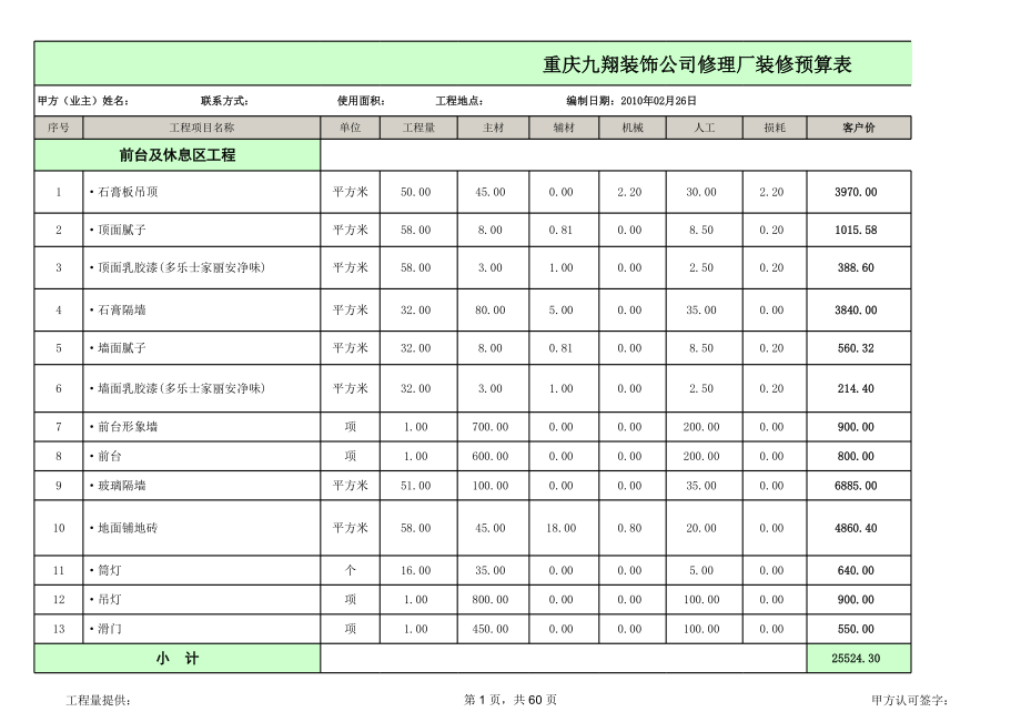 表格模板-厂房装修工程预算表 精品.xls_第1页