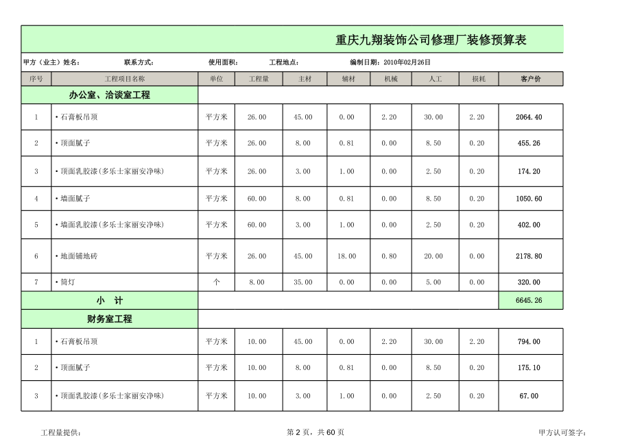 表格模板-厂房装修工程预算表 精品.xls_第2页