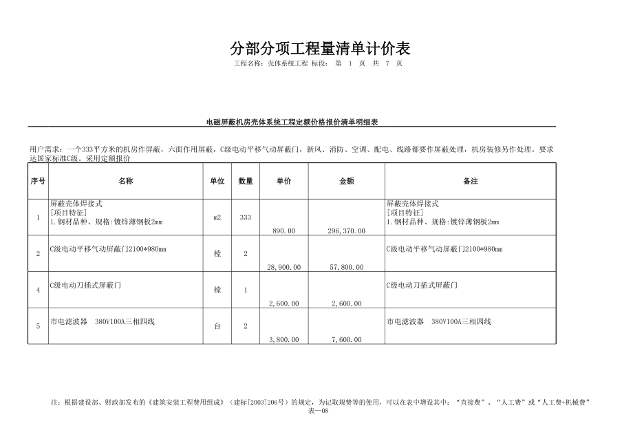 表格模板-电磁屏蔽机房壳体系统工程定额价格报价清单明细表 精品.xls_第1页