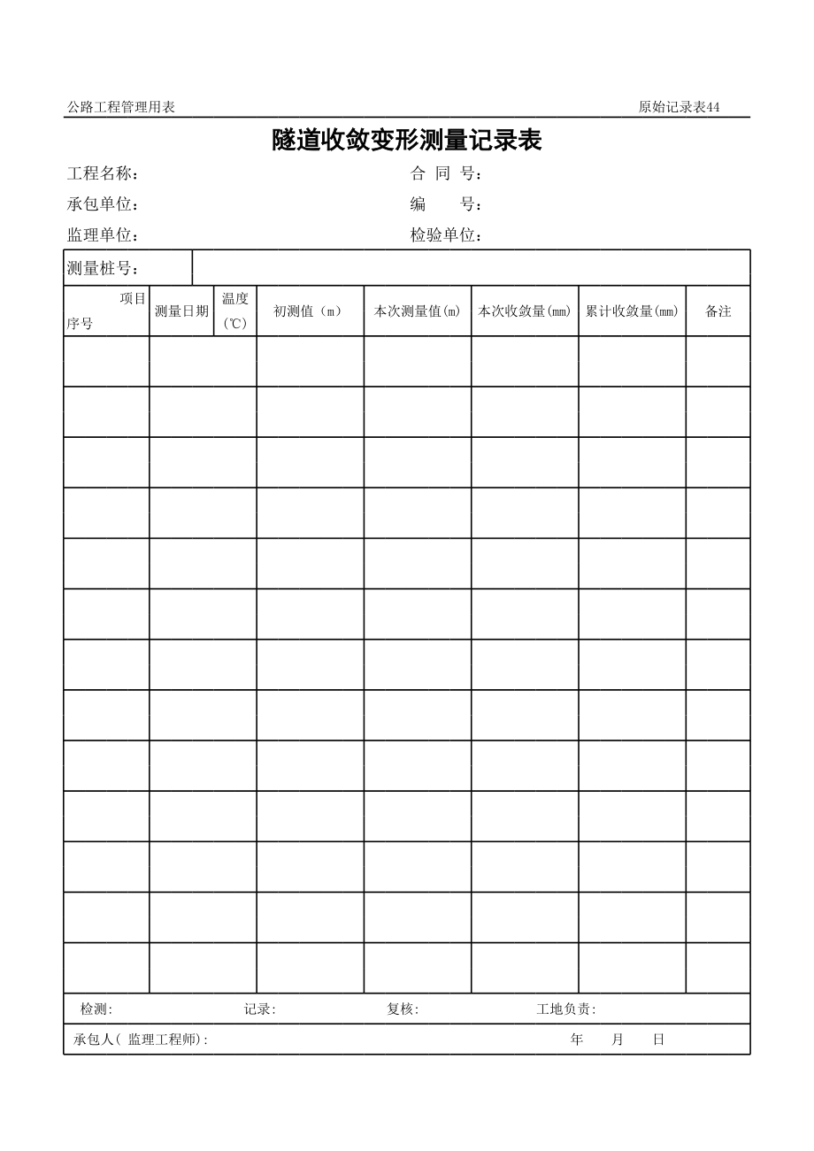 表格模板-公路工程管理用表范本隧道收敛变形测量记录表 精品.xls_第1页