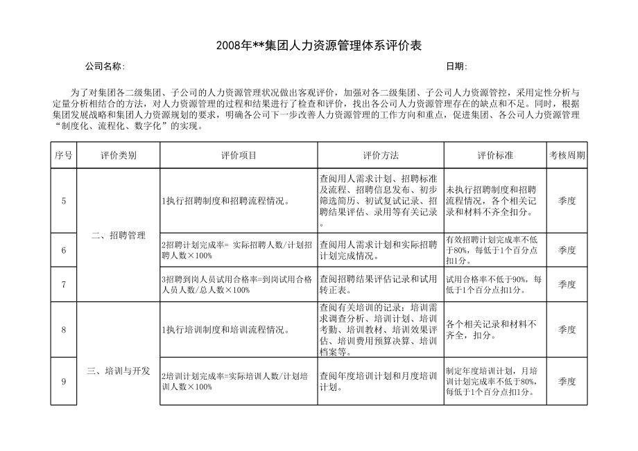 表格模板-某集团人力资源管理体系评价表 精品.xls_第2页