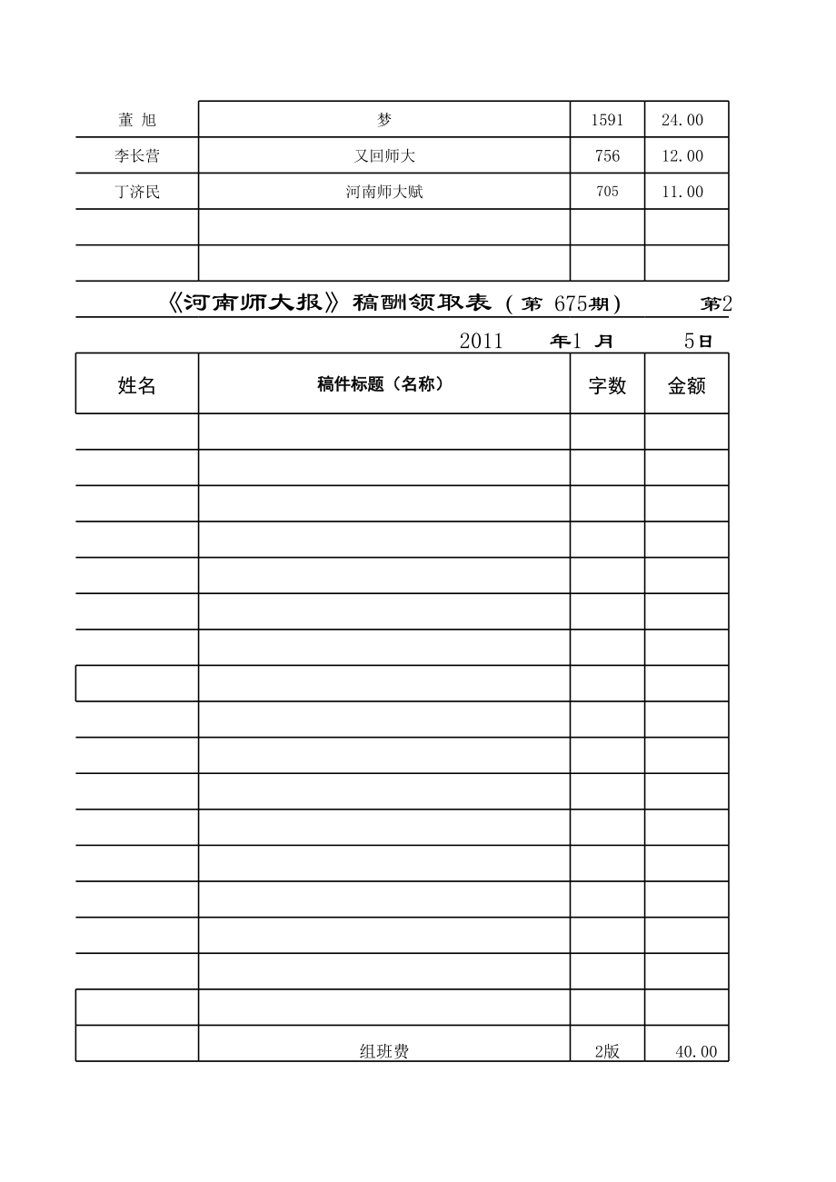 表格模板-师大报稿费统计表 精品.xls_第2页