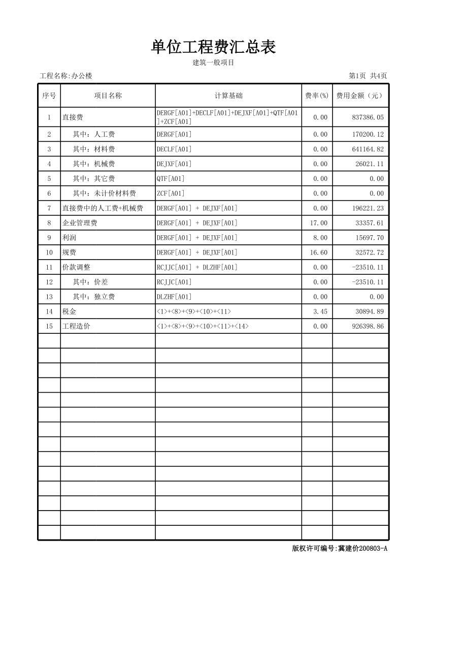 表格模板-某办公楼工程预算计价表全 精品.xls_第2页