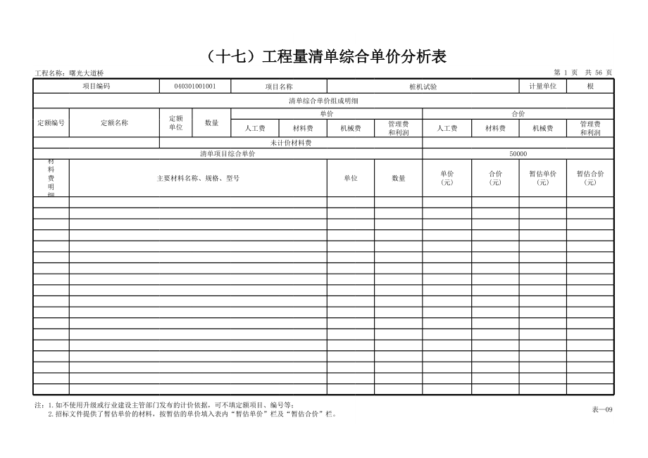 表格模板-表—09工程量清单综合单价分析表出含量,出主要材料 精品.xls_第1页