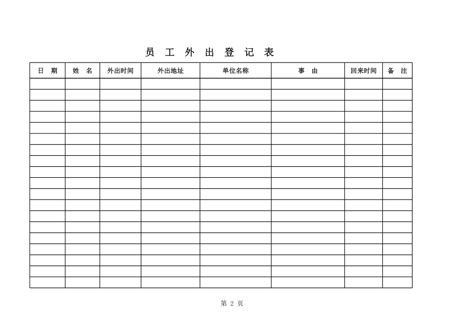 表格模板-员工外出登记表 精品.xls_第2页