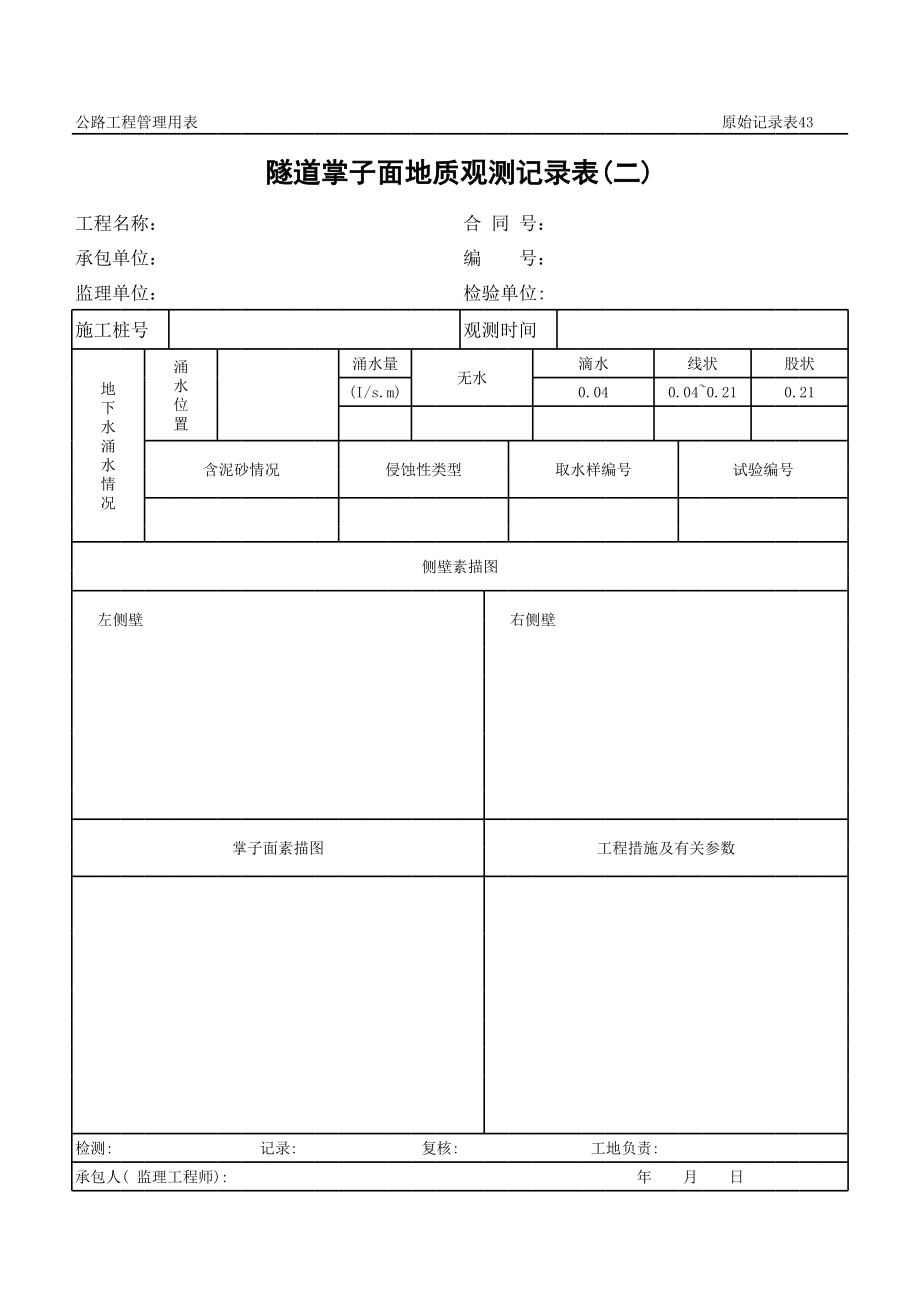 表格模板-公路工程管理用表范本隧道掌子面地质观测记录表二 精品.xls_第1页