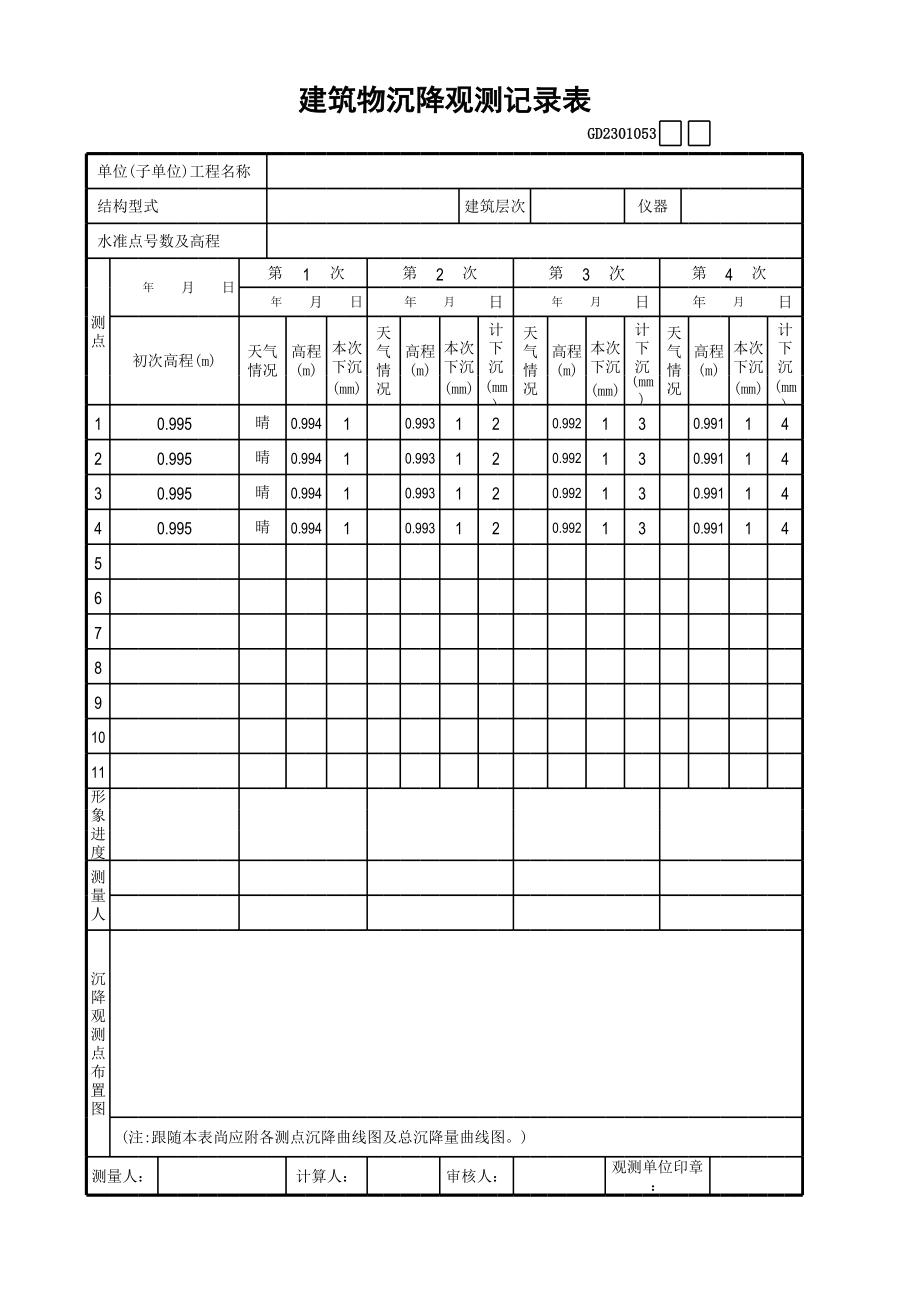 表格模板-建筑物沉降观测记录表 精品.xls_第1页