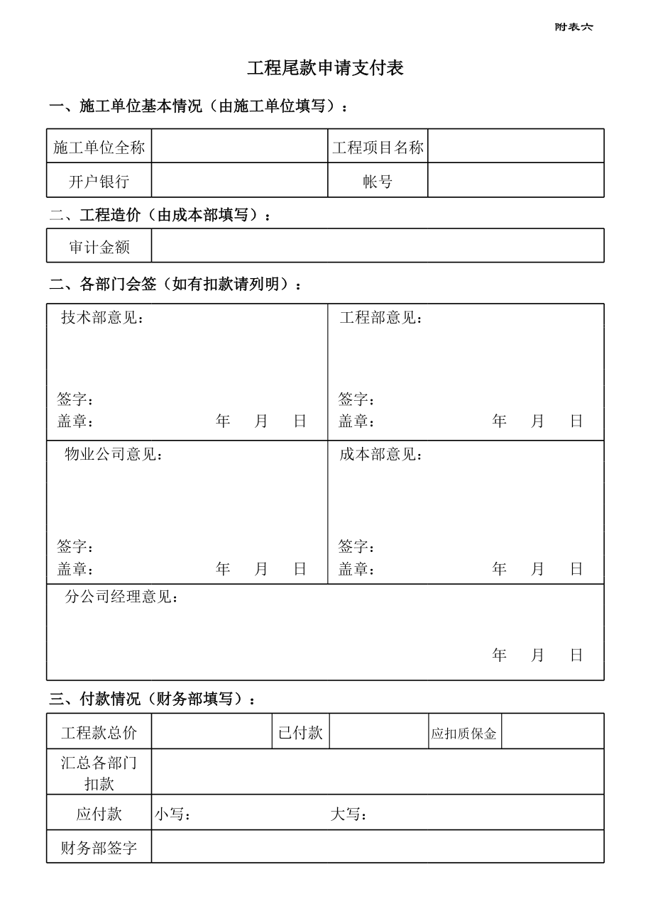 表格模板-附表6工程尾款申请支付表修 精品.xls_第1页