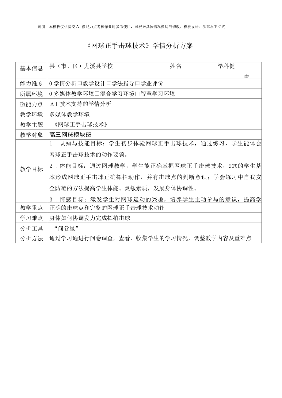 《网球正手击球技术》学情分析方案.docx_第1页