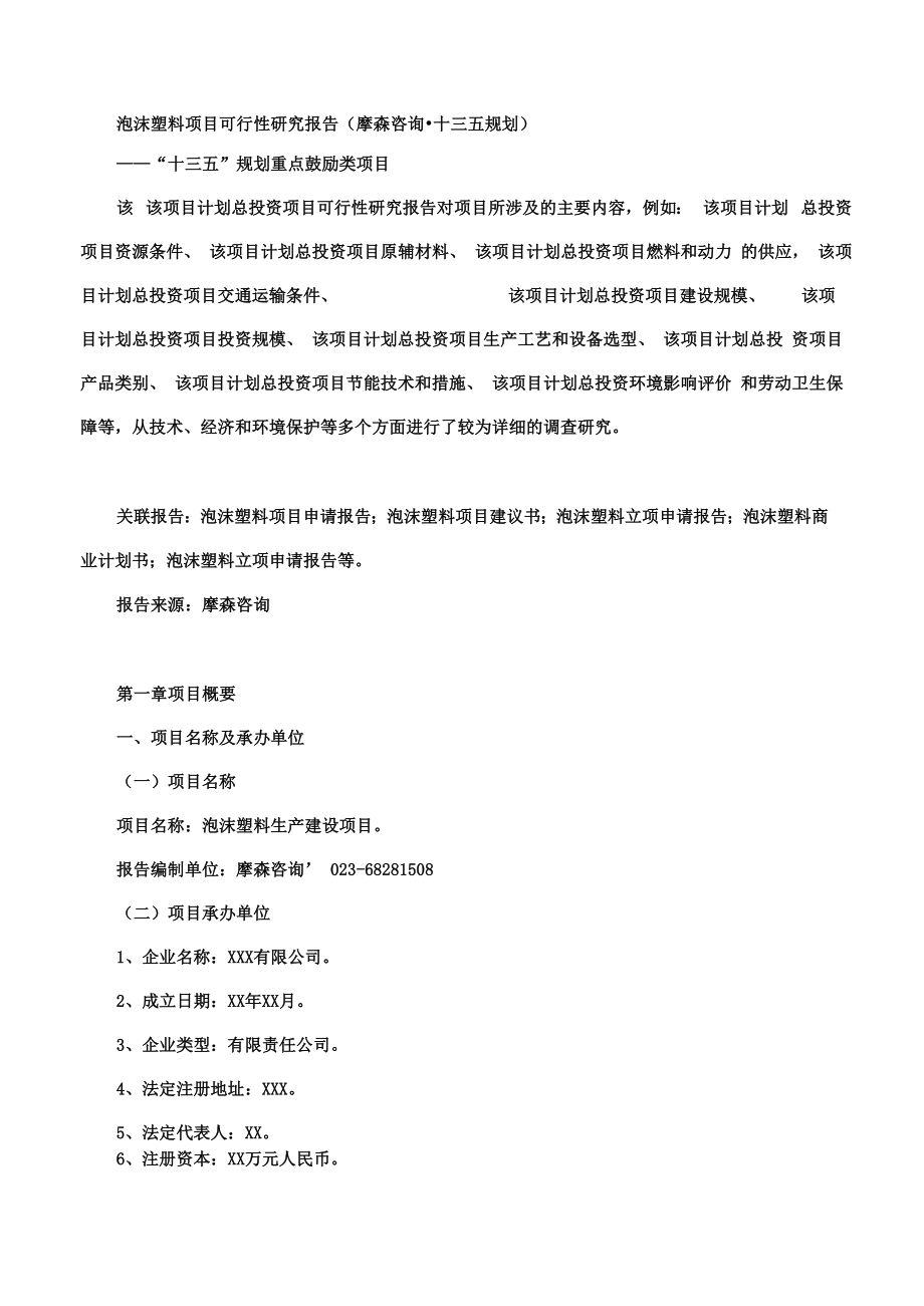 泡沫塑料项目可行性研究报告.docx_第1页