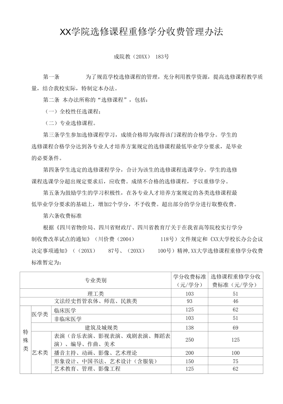 XX学院选修课程重修学分收费管理办法.docx_第1页