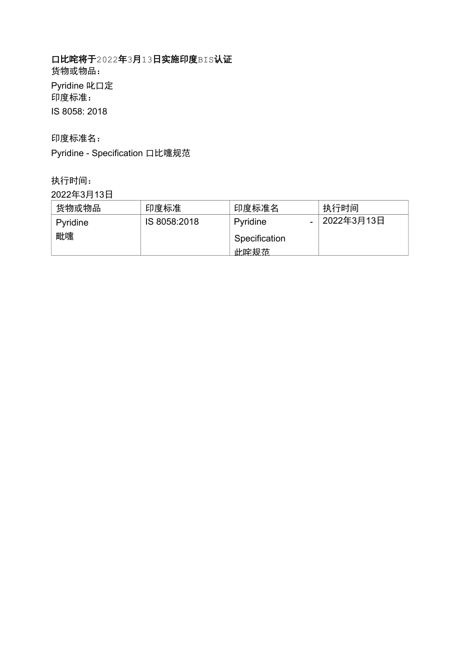 吡啶将于2022年3月13日实施印度BIS认证.docx_第1页