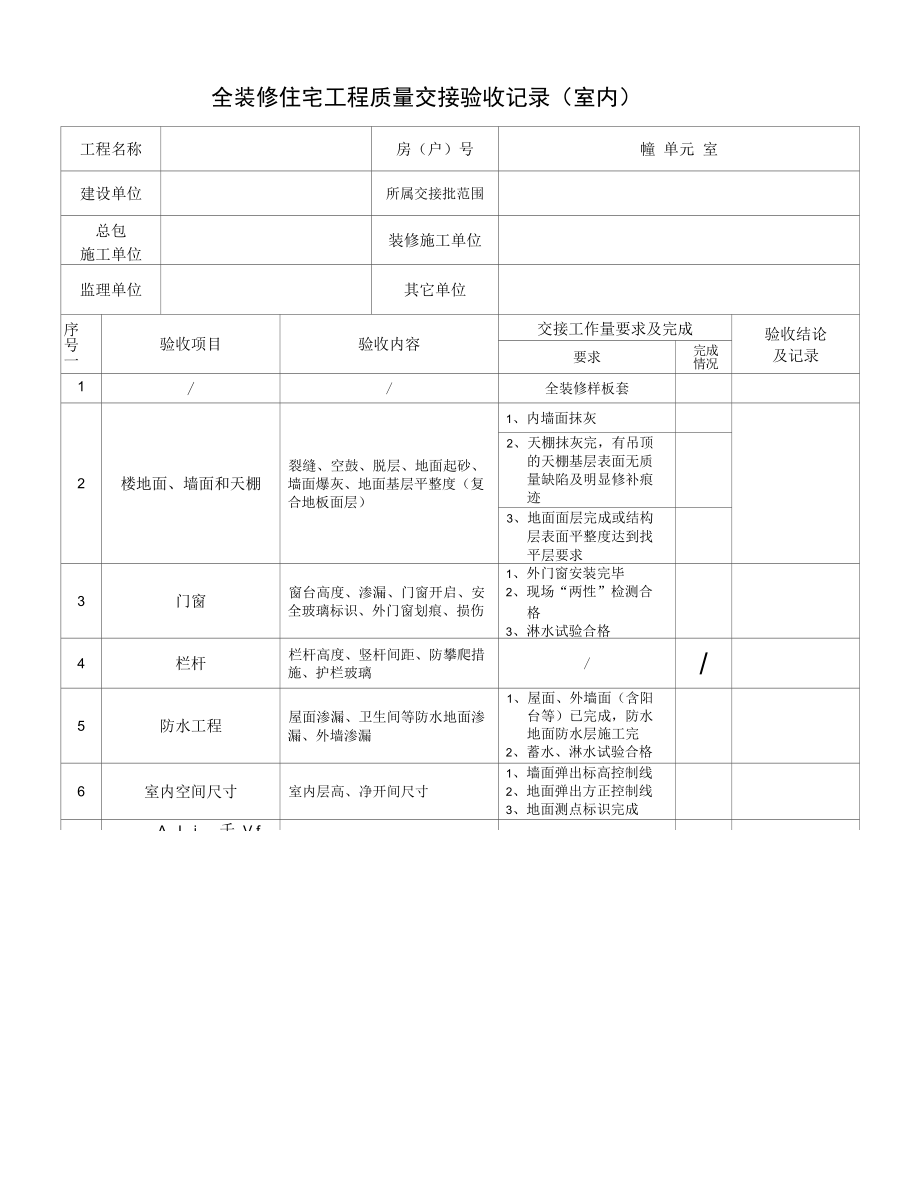 全装修住宅工程质量交接验收记录（室内）.docx_第1页