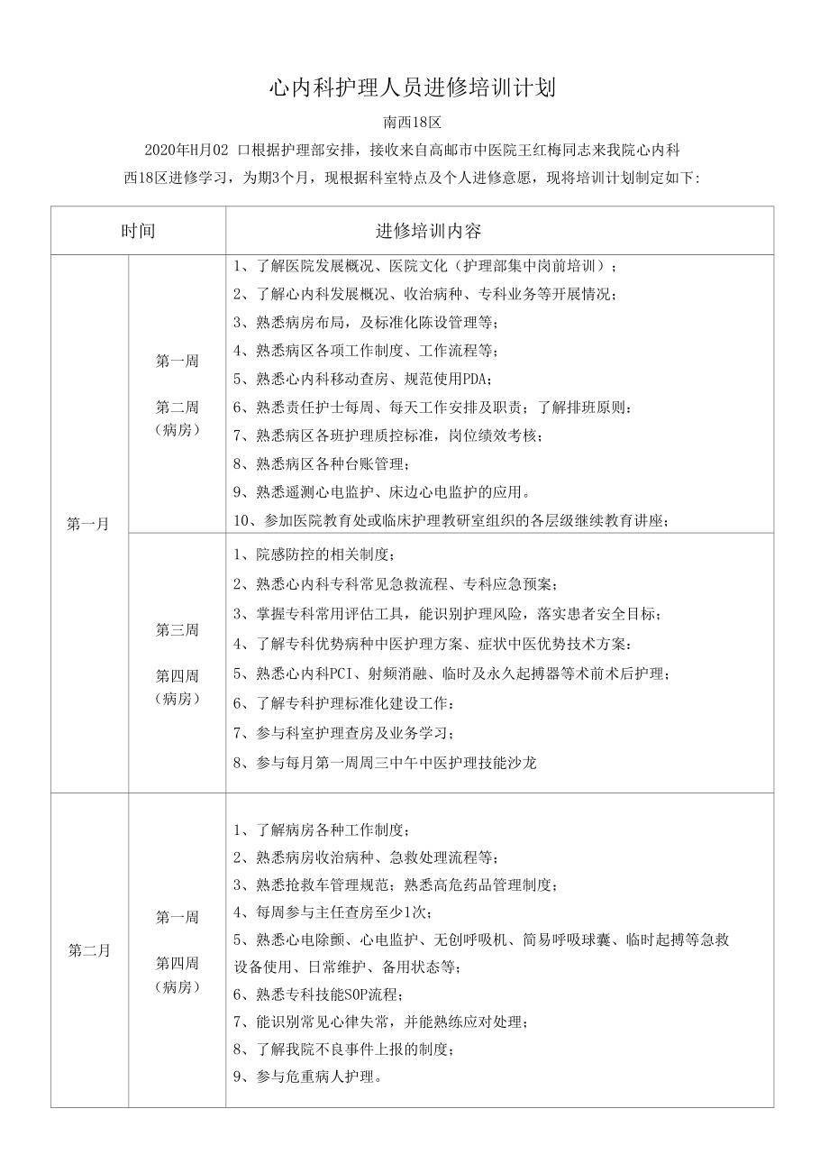 南西18病区心内科进修生培训计划.docx_第1页