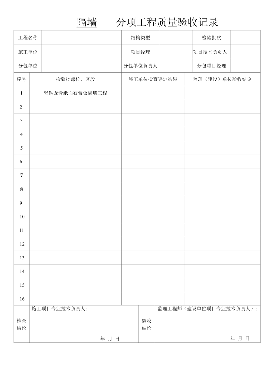 隔墙分项工程质量验收记录.docx_第1页