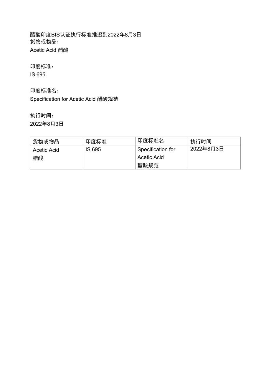 醋酸印度BIS认证执行标准推迟到2022年8月3日.docx_第1页