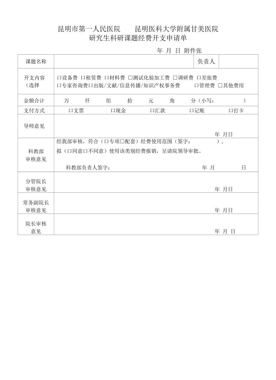 昆明市第一人民医院研究生科研课题经费开支申请单.docx_第1页