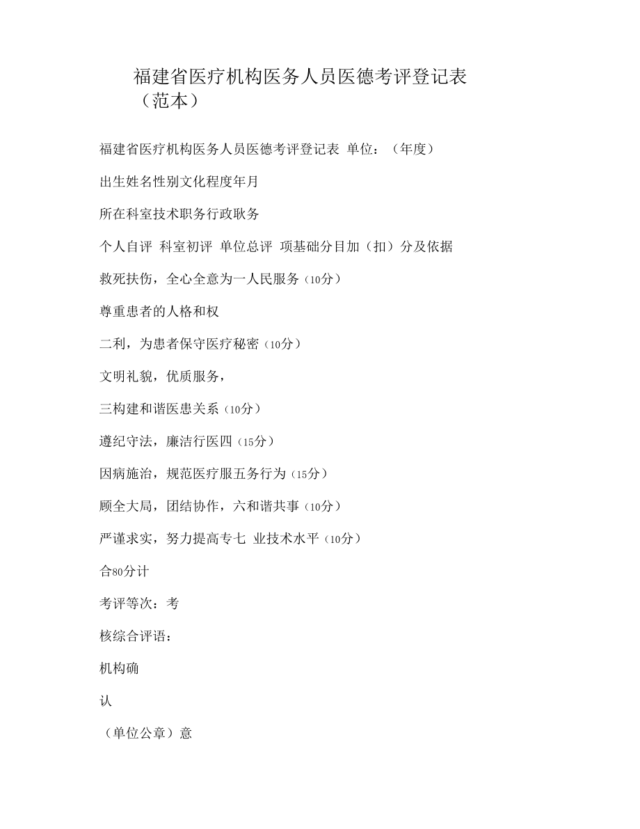 福建省医疗机构医务人员医德考评登记表（范本）.docx_第1页