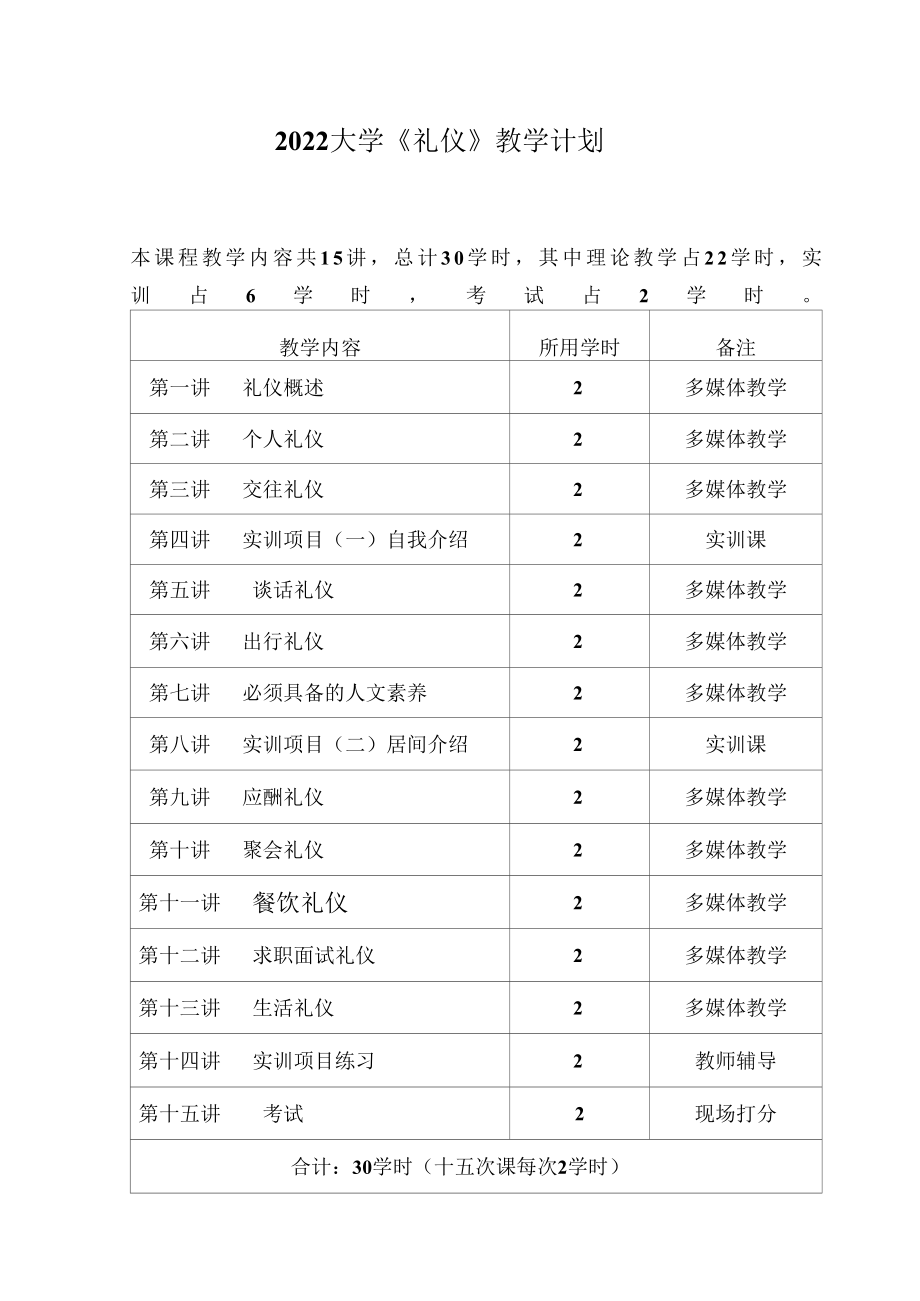 2022大学社交礼仪教学计划（实用模板）.docx_第1页