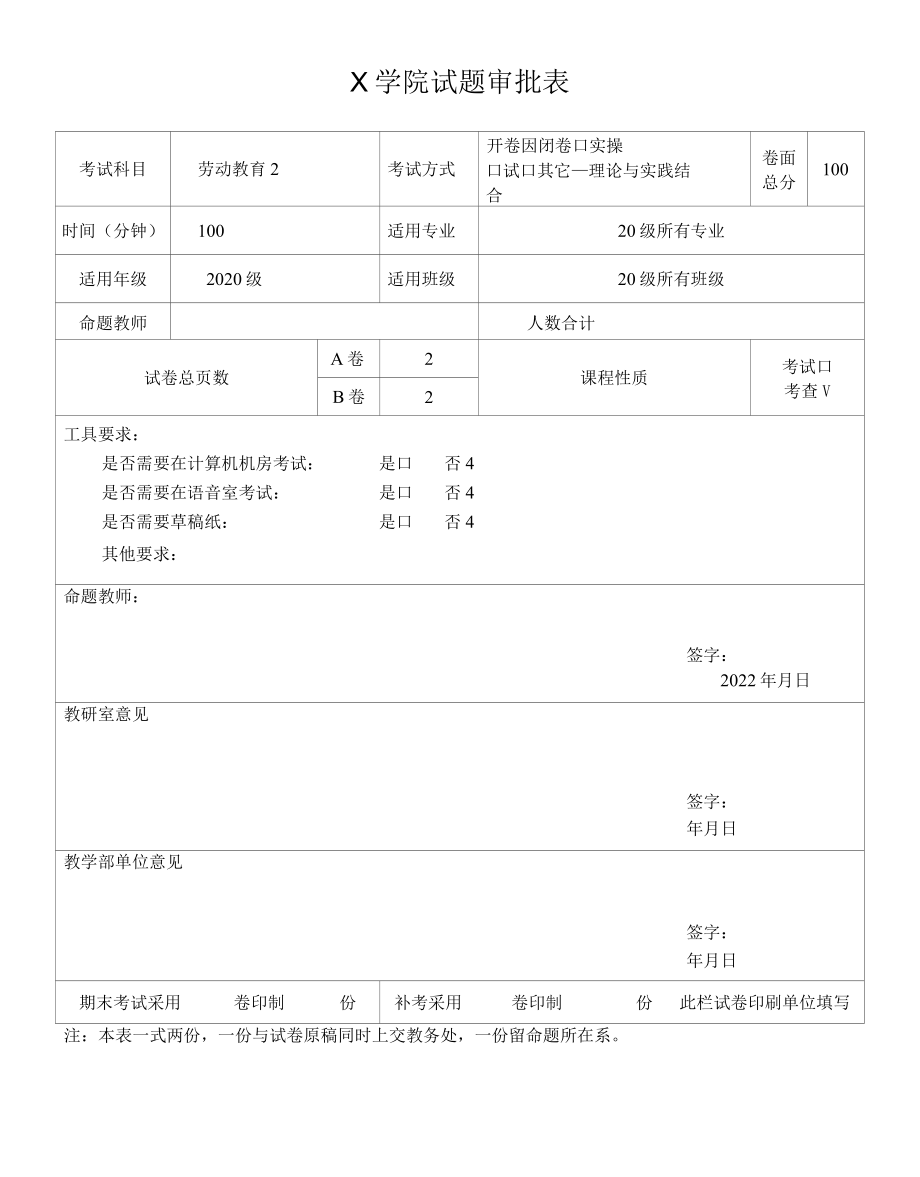 X学院试题审批表（实用模板）.docx_第1页