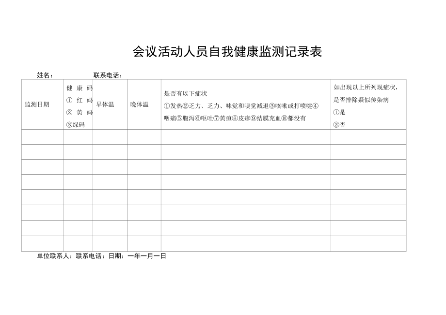 会议活动人员自我健康监测记录表.docx_第1页