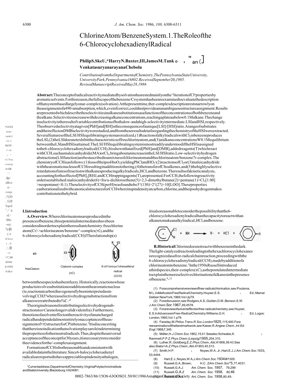 Chlorine Atom／Benzene System. 1 .The Role of the 6-Chlorocyclohexadienyl Radical.docx_第1页