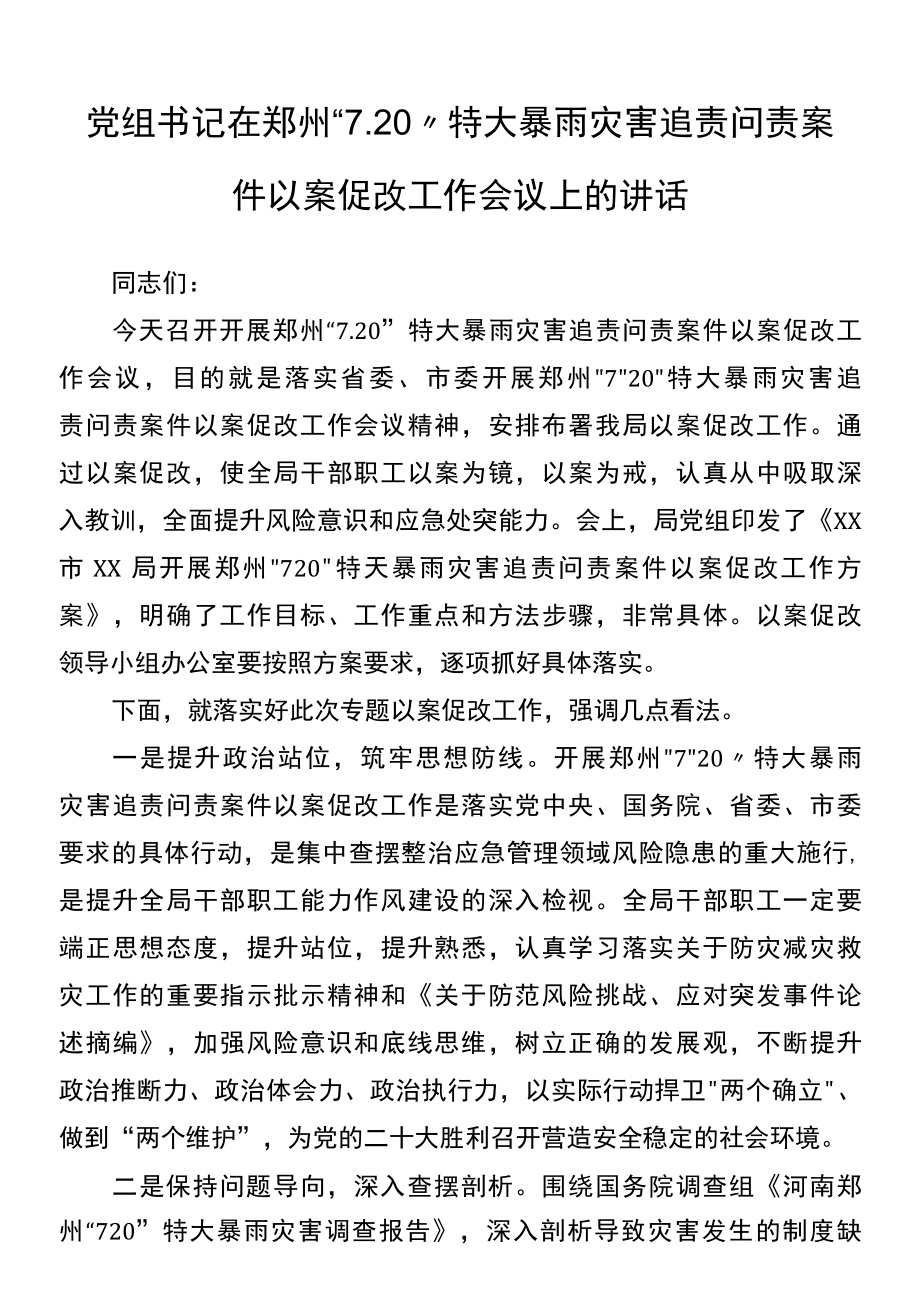 党组书记在郑州“7.20”特大暴雨灾害追责问责案件以案促改工作会议上的讲话.docx_第1页