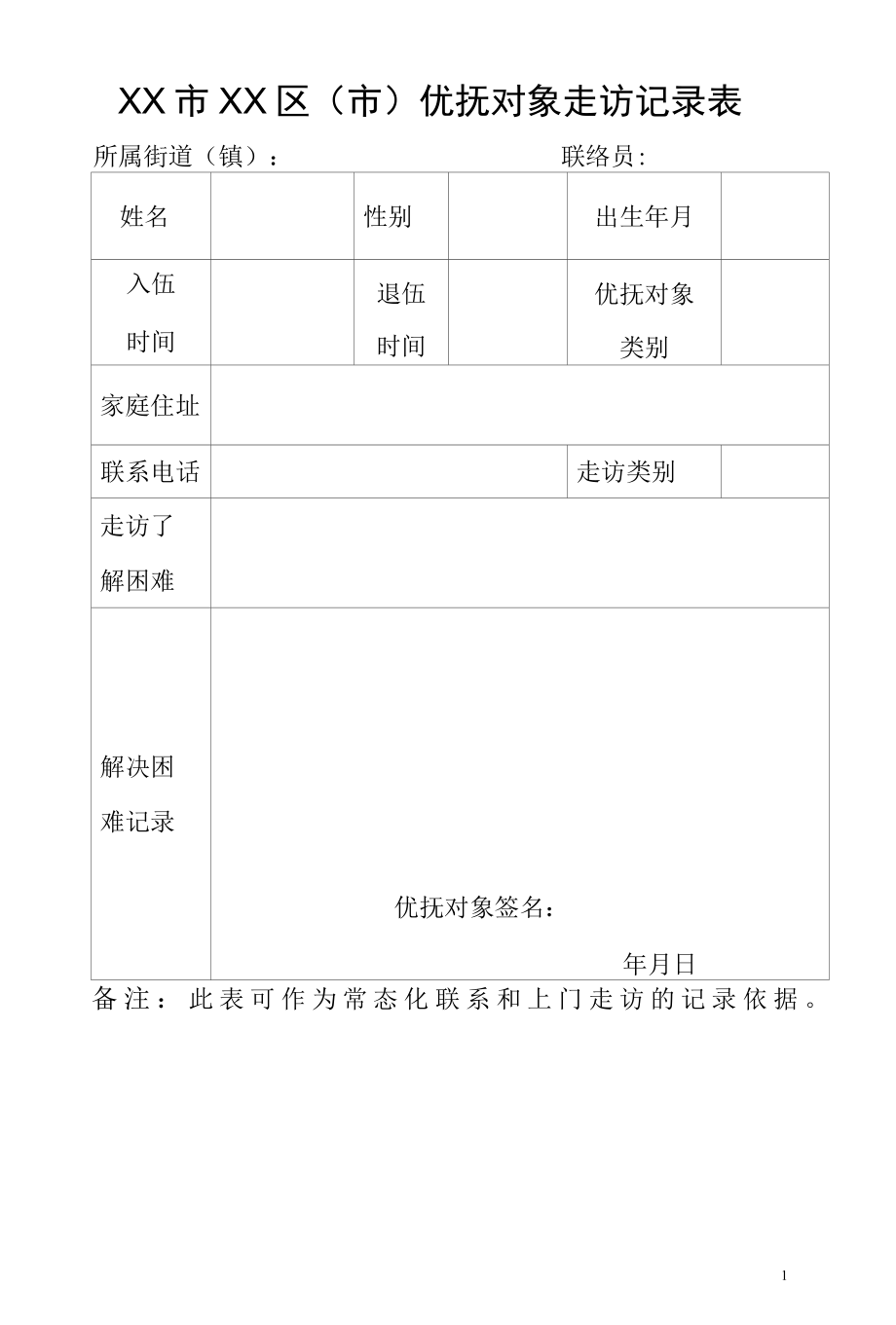 优抚对象走访记录表.docx_第1页