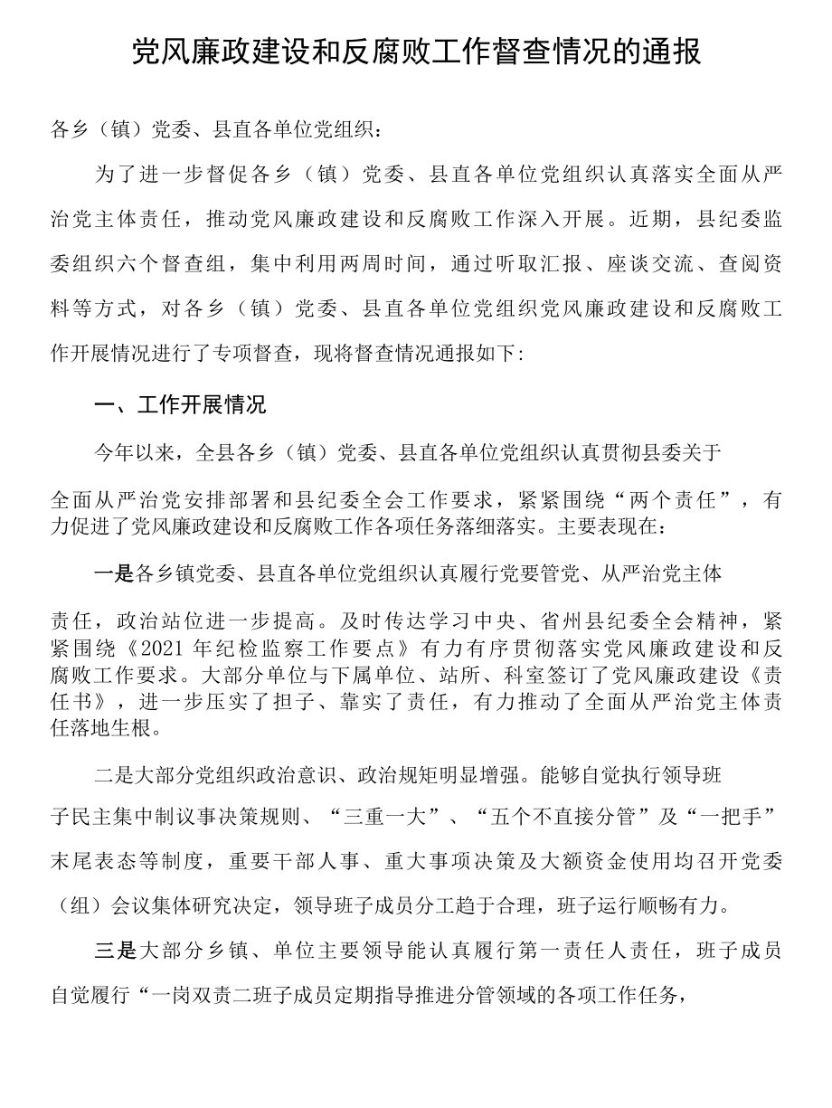 党风廉政建设和反腐败工作督查情况的通报.docx_第1页