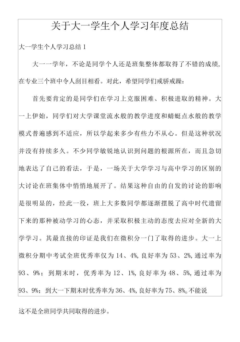 关于大一学生个人学习年度总结.docx_第1页