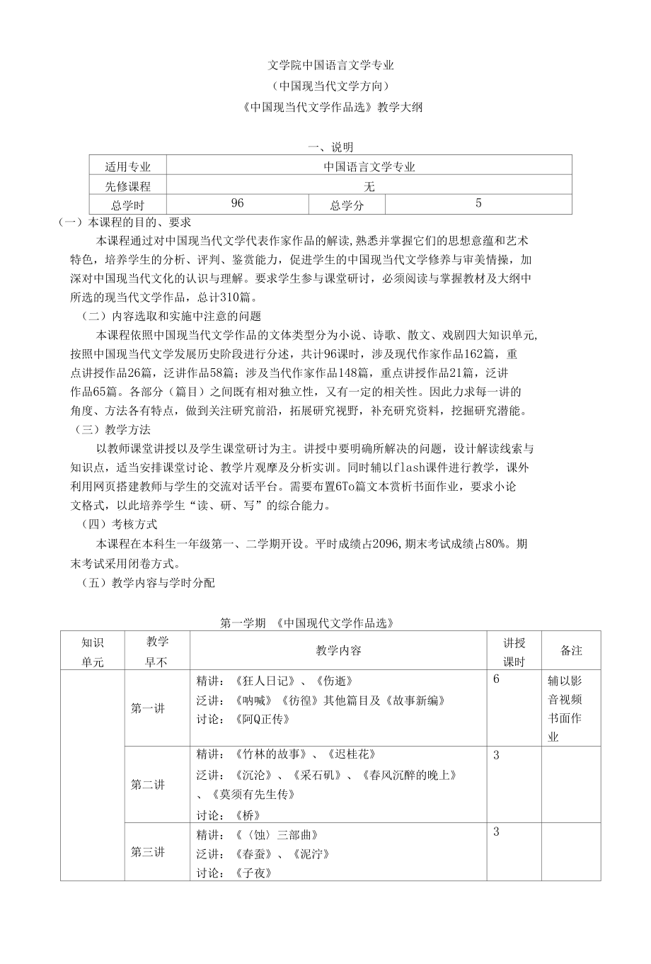 文学院2013版中国现当代文学作品选教学大纲.docx_第1页