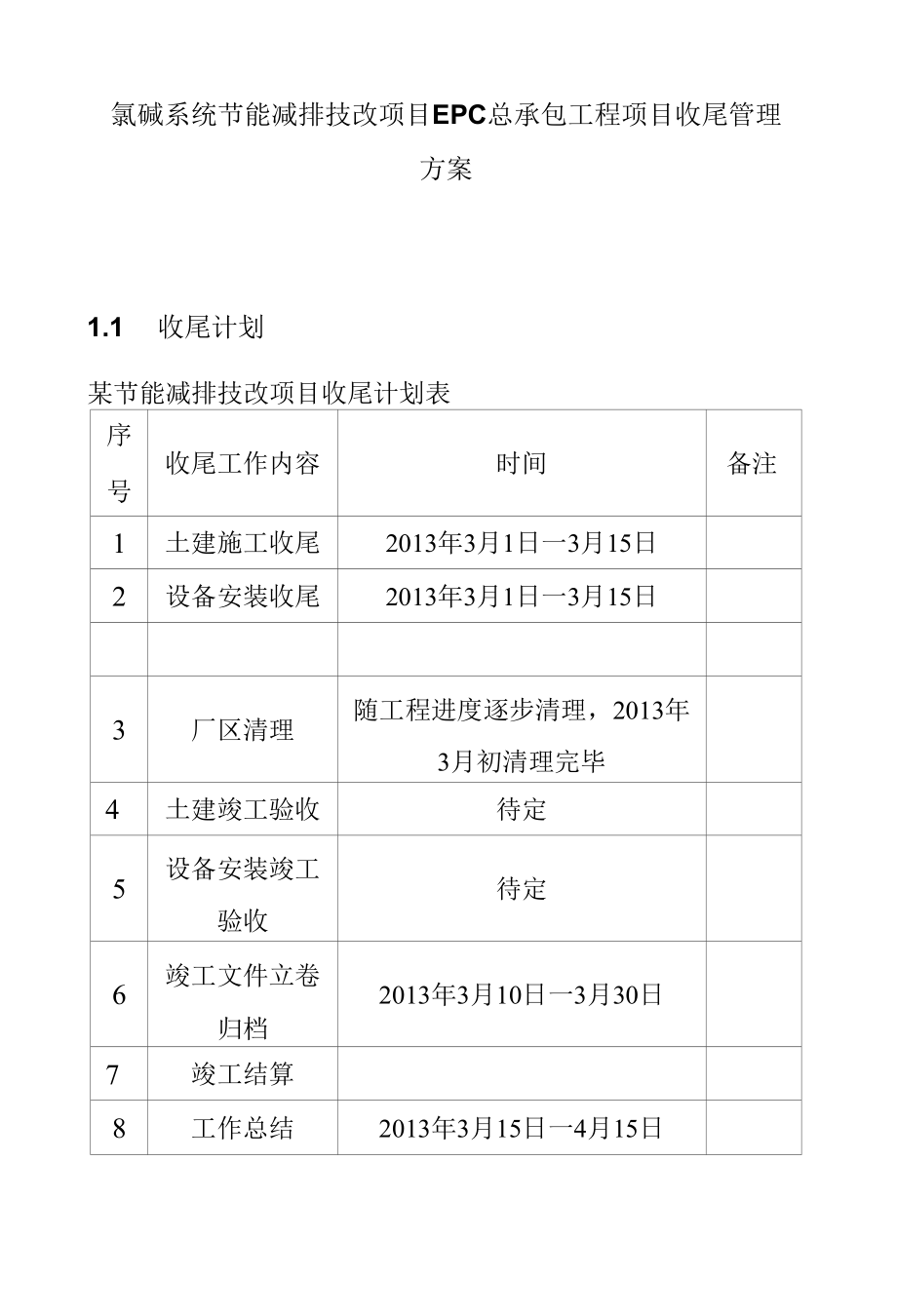 氯碱系统节能减排技改项目EPC总承包工程项目收尾管理方案.docx_第1页