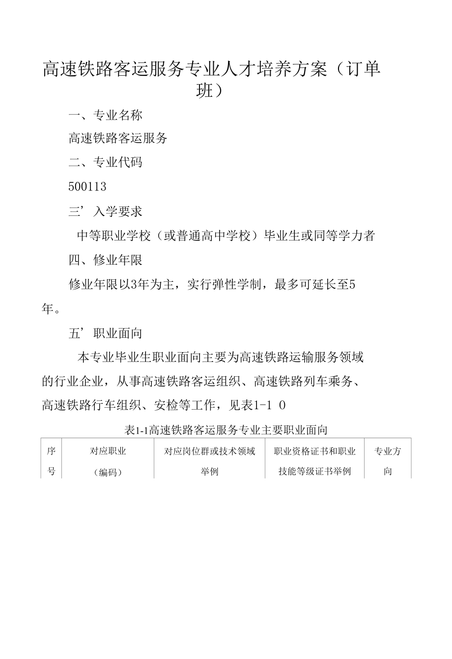 高速铁路客运服务专业人才培养方案（订单班）（高职）.docx_第1页