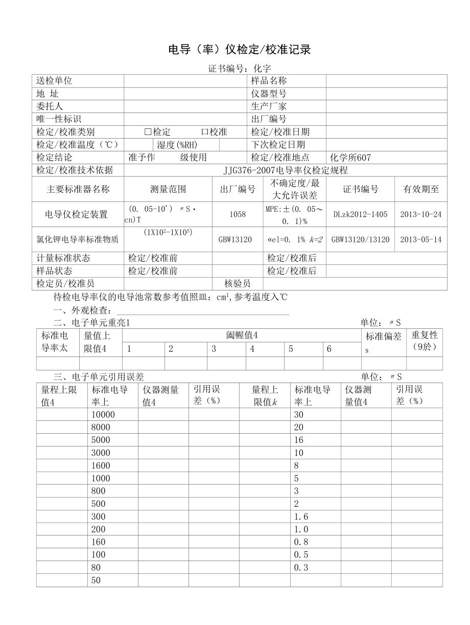 电导（率）仪检定校准记录(2013).docx_第1页