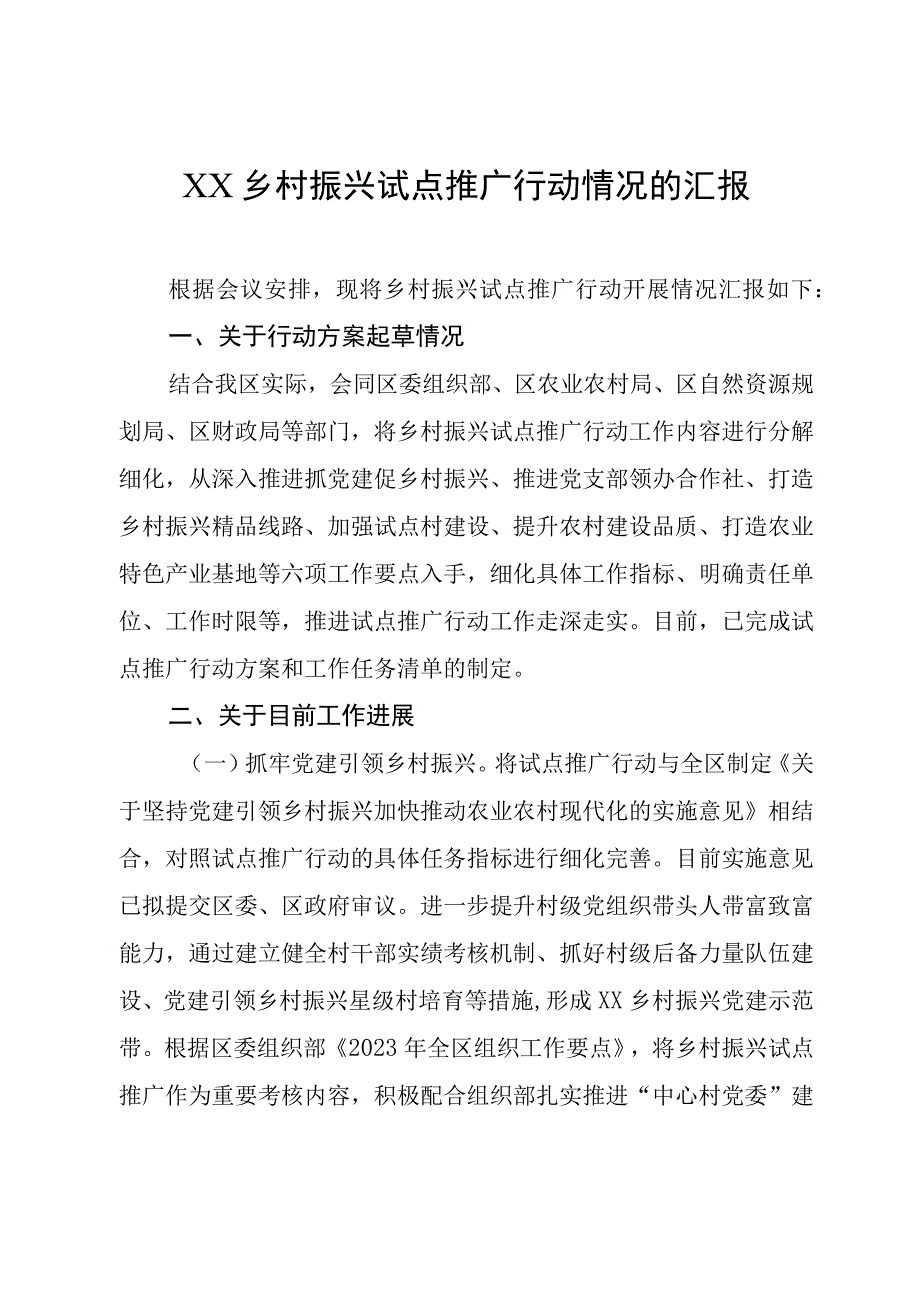 XX乡村振兴试点推广行动情况的汇报.docx_第1页