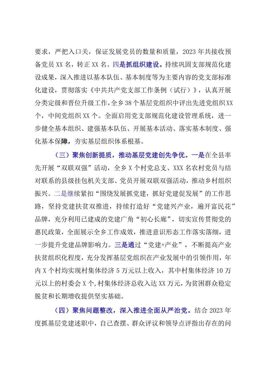 XX乡党委书记20232023年度抓基层党建工作述职报告.docx_第3页