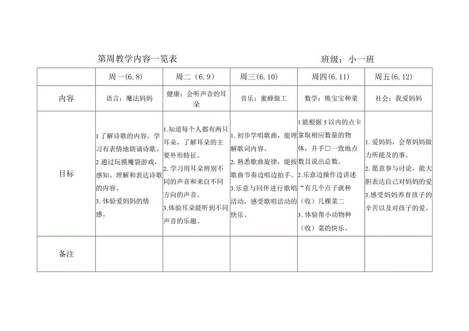 幼儿园每周活动计划一览表.docx_第1页