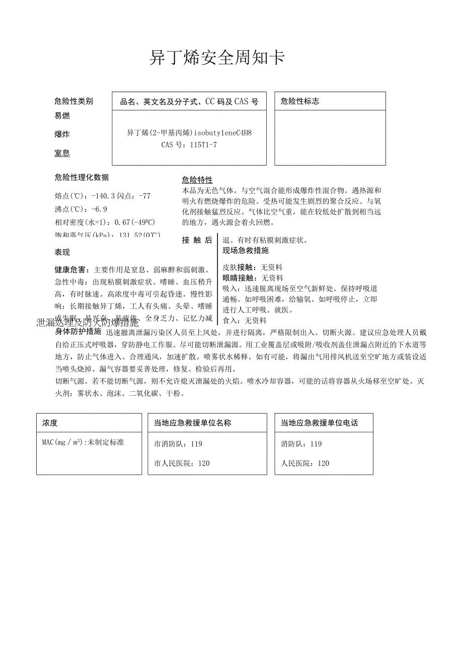 异丁烯安全周知卡职业危害告知卡理化特性表.docx_第1页