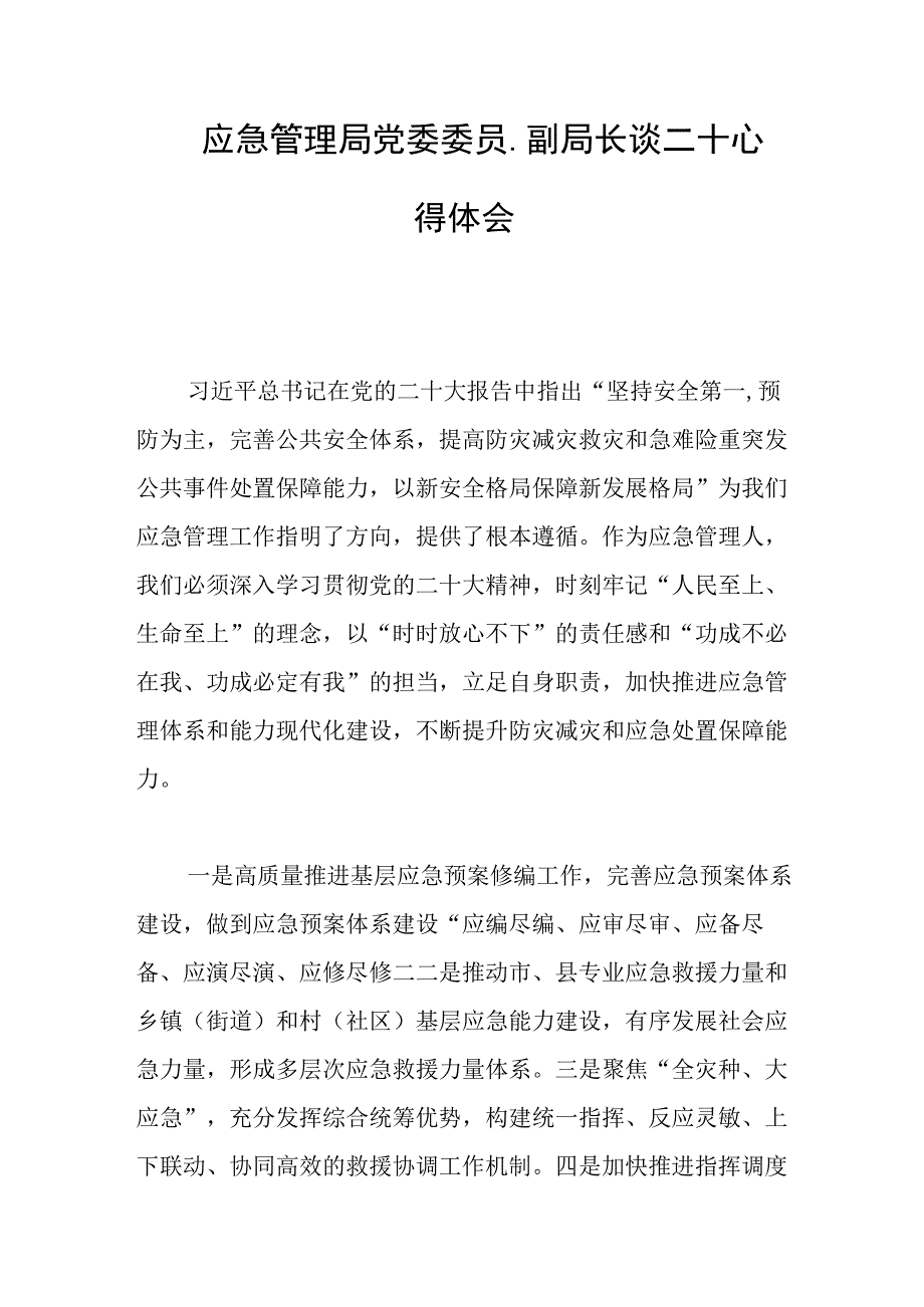 应急管理局党委委员副局长谈二十心得体会.docx_第1页