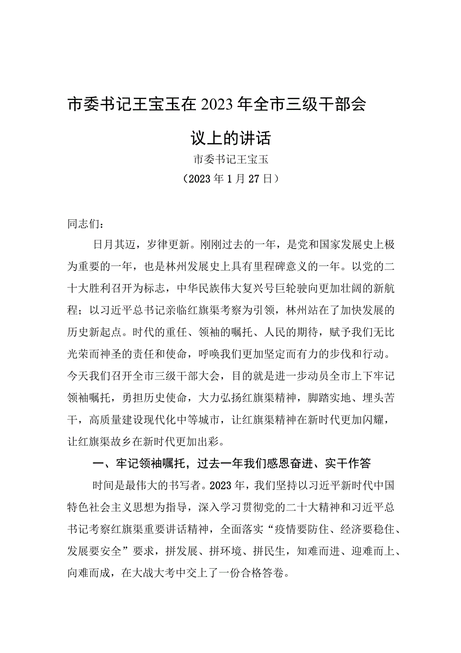 市委书记王宝玉在2023年全市三级干部会议上的讲话.docx_第1页