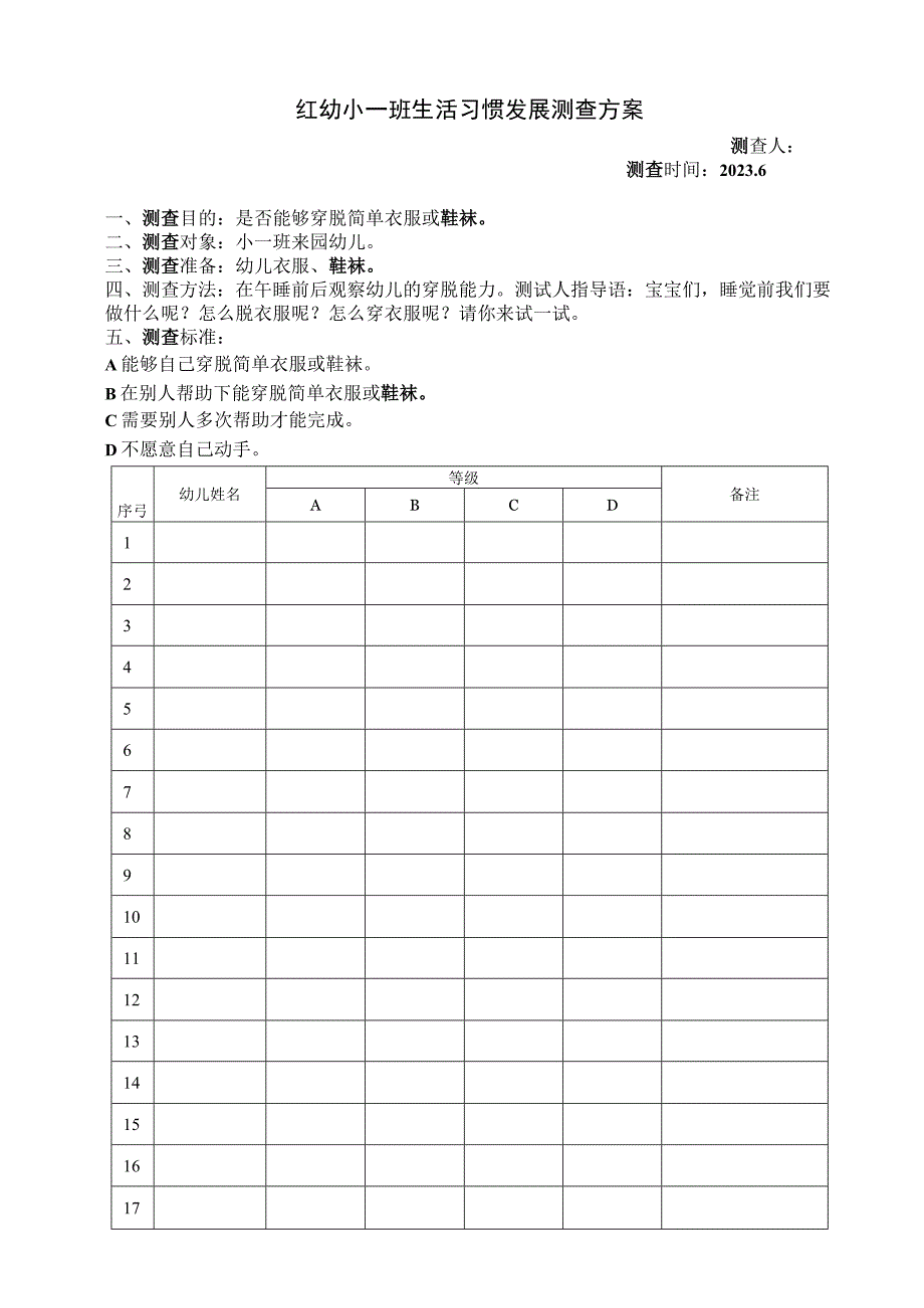 幼儿园小一班行为习惯测查方案.docx_第1页