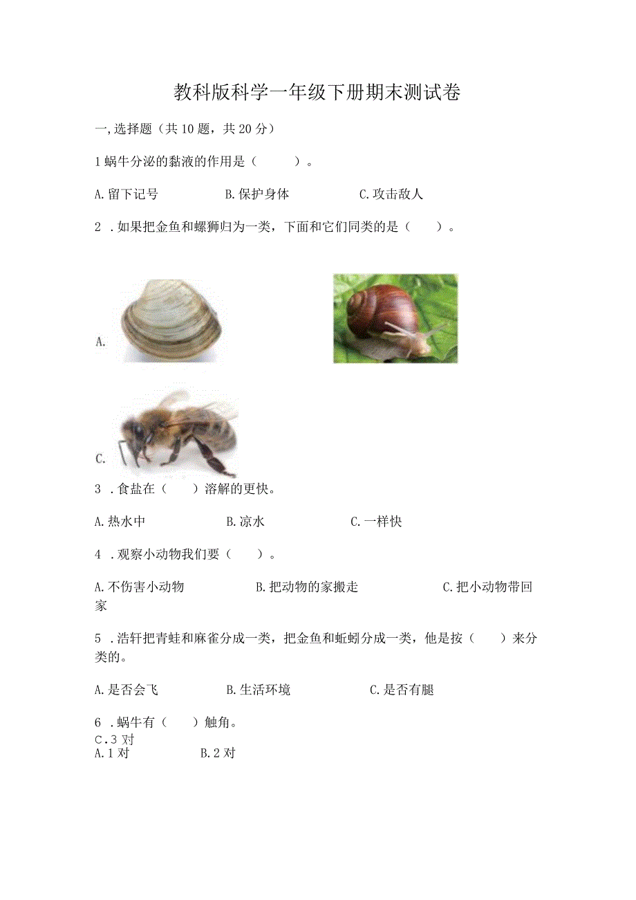 教科版科学一年级下册期末测试卷a4版打印.docx_第1页