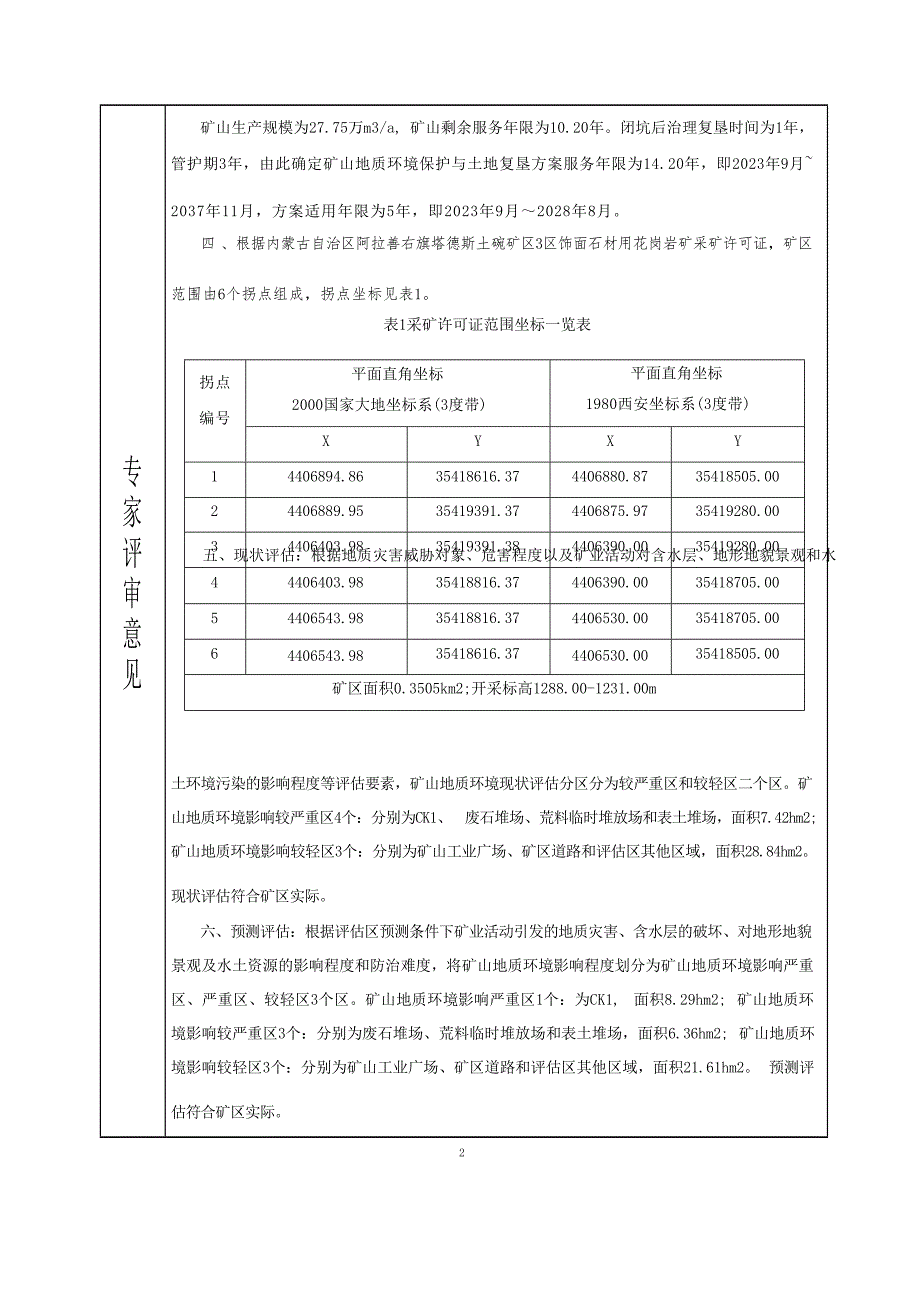 内蒙古自治区阿拉善右旗塔德斯土碗矿区3区饰面石材用花岗岩矿（首采区）矿山地质环境保护与土地复垦方案评审表.docx_第3页