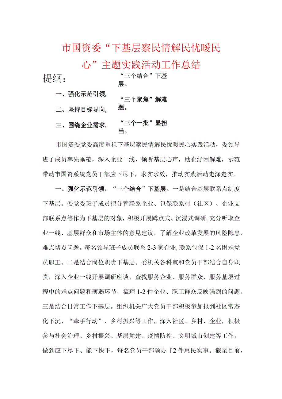 市国资委下基层察民情解民忧暖民心主题实践活动工作总结.docx_第1页