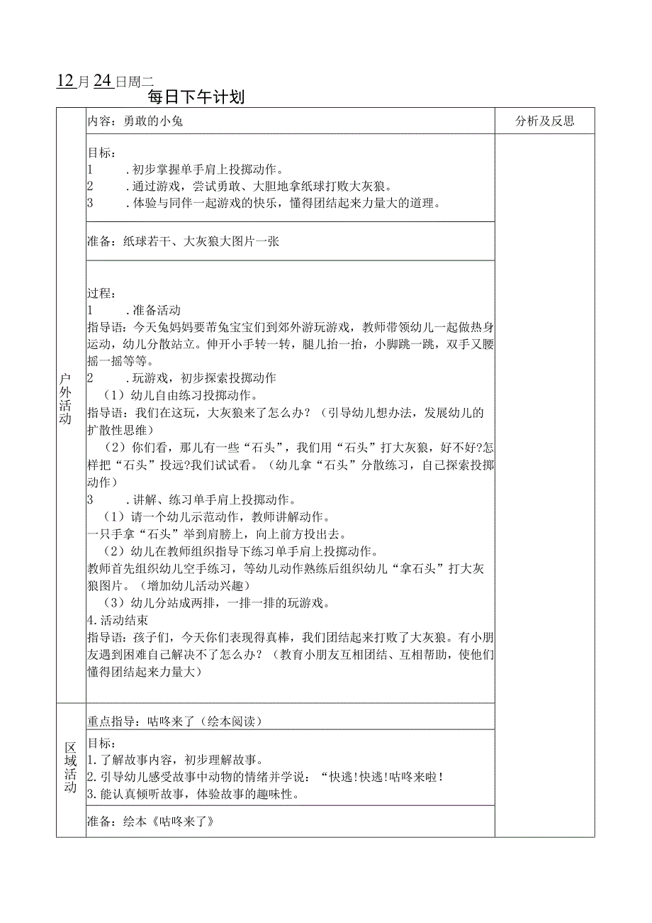 幼儿园小班下午活动计划方案周二周三.docx_第1页