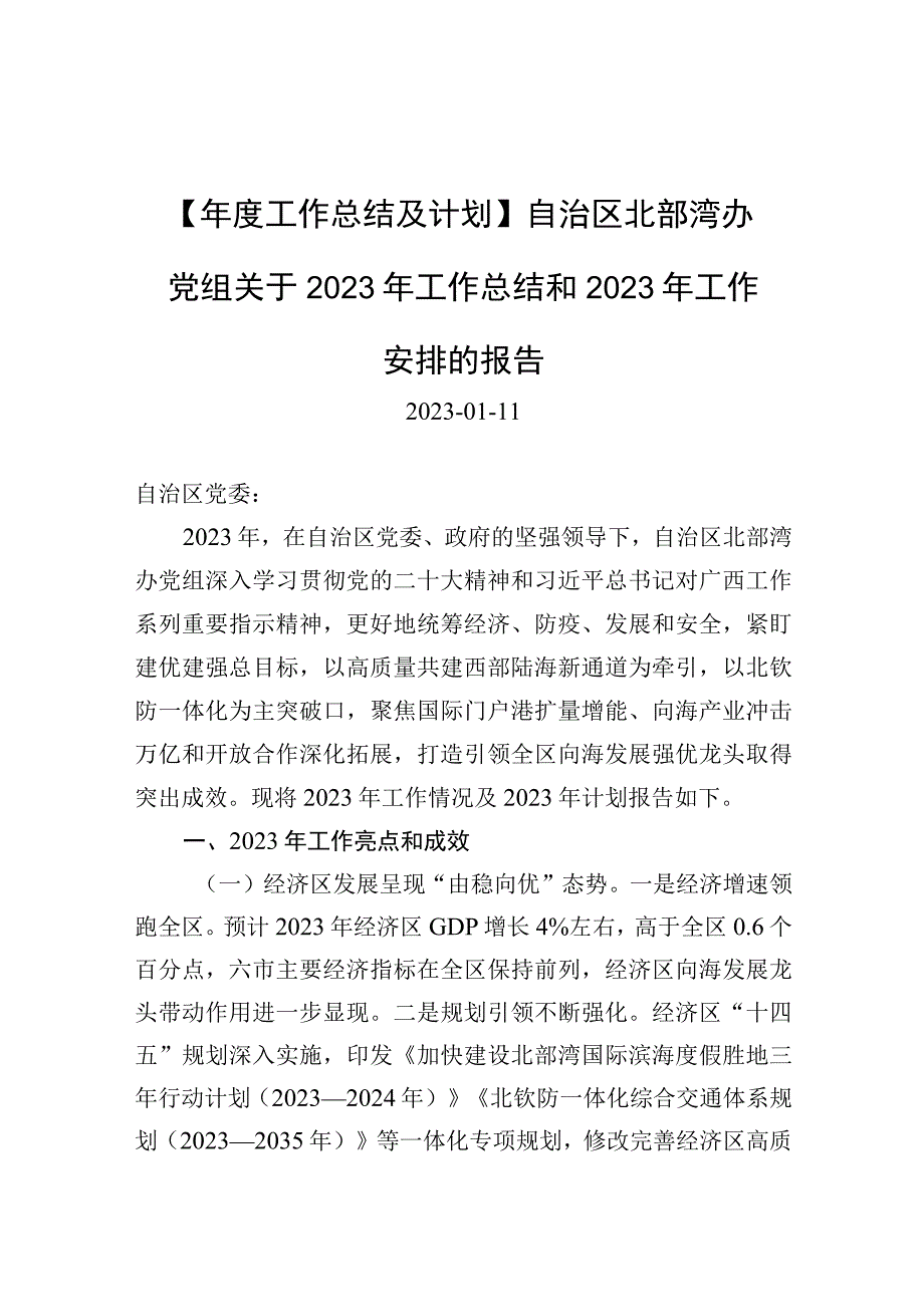 年度工作总结及计划自治区北部湾办党组关于2023年工作总结和2023年工作安排的报告.docx_第1页